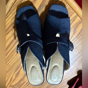 Chic Navy Denim Mules with Buckle Detail, new never worn